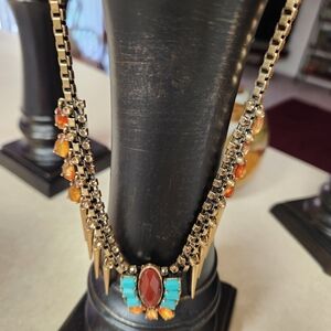 LUCKY BRAND DARK RED/TURQUOISE RESIN GOLDTONE SPIKE NECKLACE